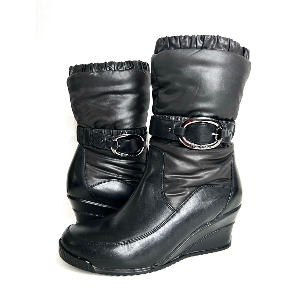 Blondo Puffer Leather Wedge Boots Waterproof Quilted Down Filled Nylon Black 7